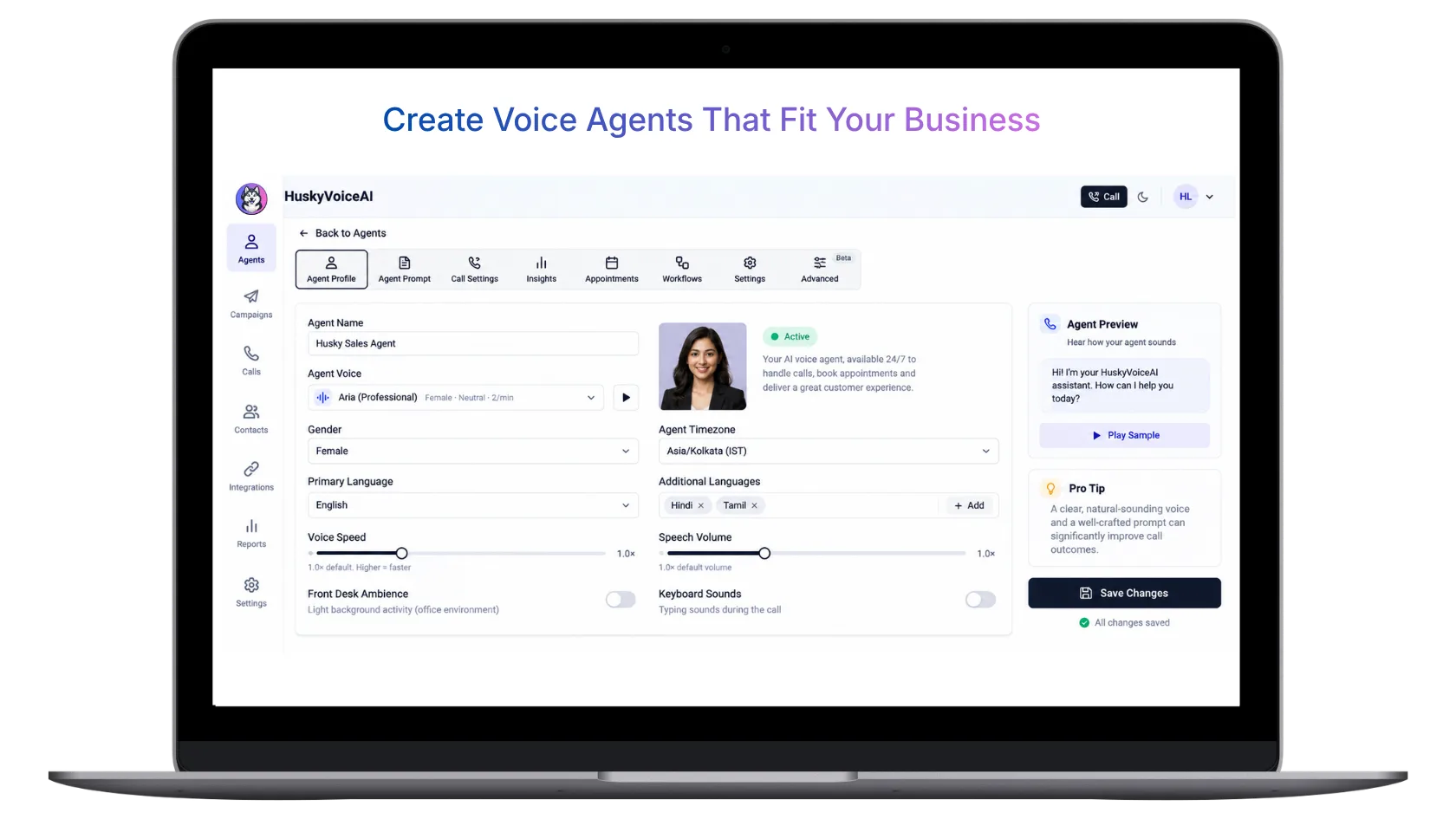 HuskyVoiceAI AI Voice Agent configuration screen showing voice, language, prompts and agent settings