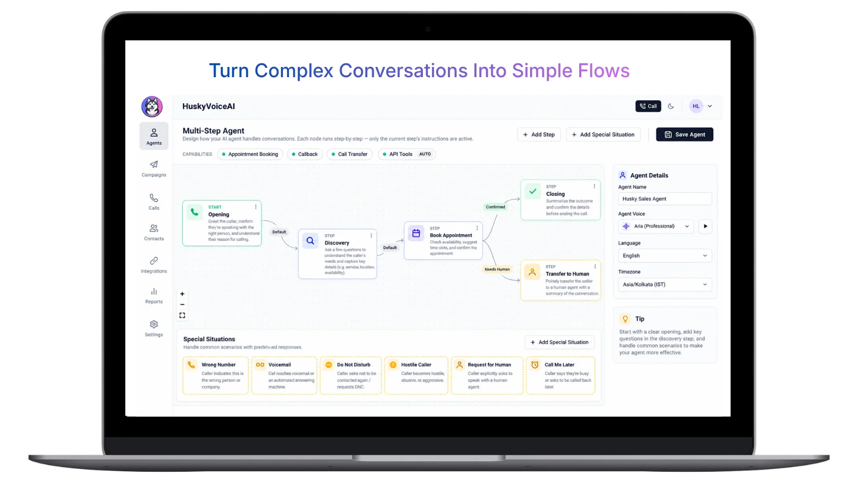 HuskyVoiceAI multi-step AI Voice Agent workflow showing conversation stages, appointment booking and human transfer